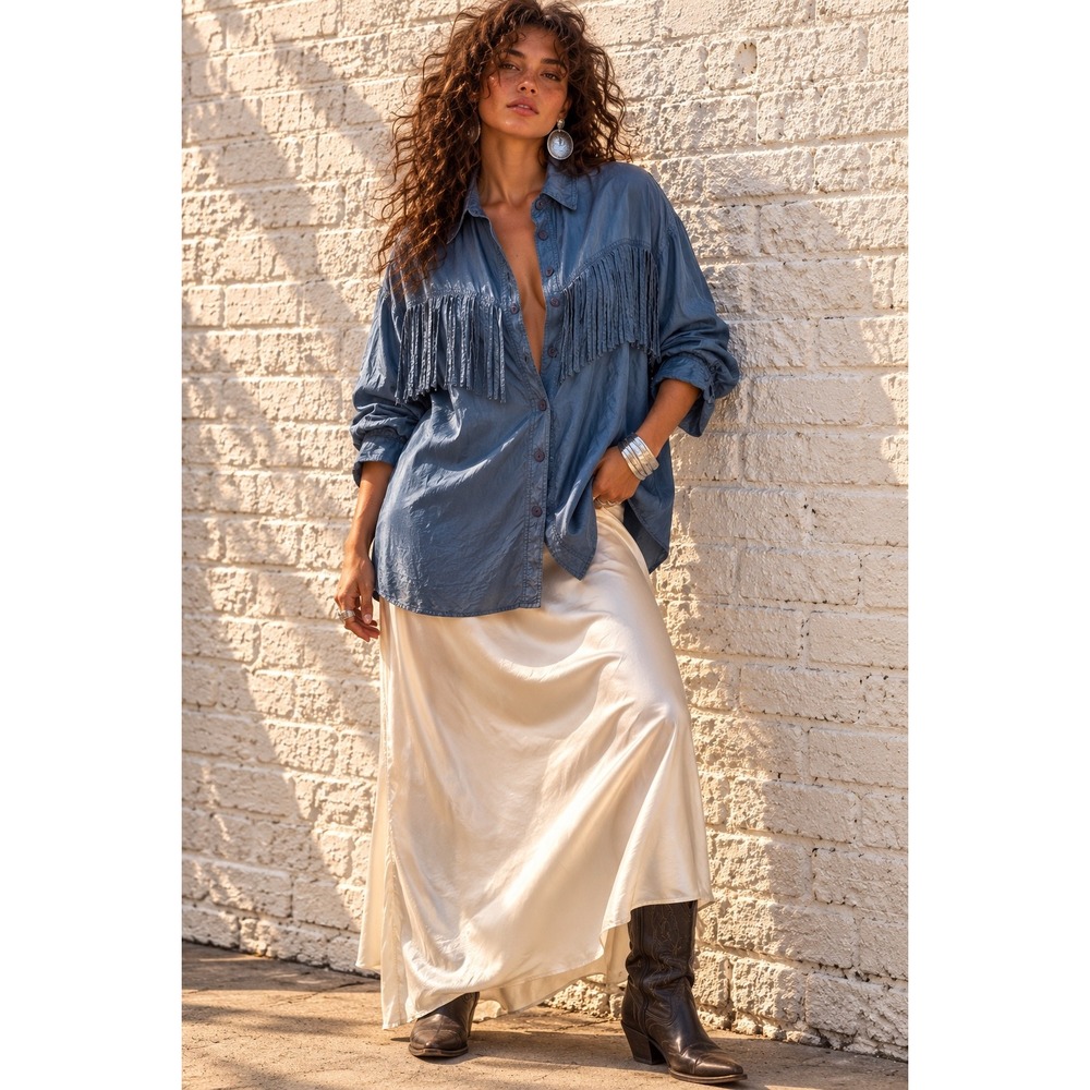 Vintage Cervelle Blue 100% Silk Fringe Western Button Down Shirt 1X
